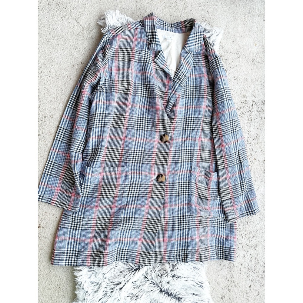 J. Jill‎ Relaxed Jacket Blue Red Gray Plaid Pockets Cotton